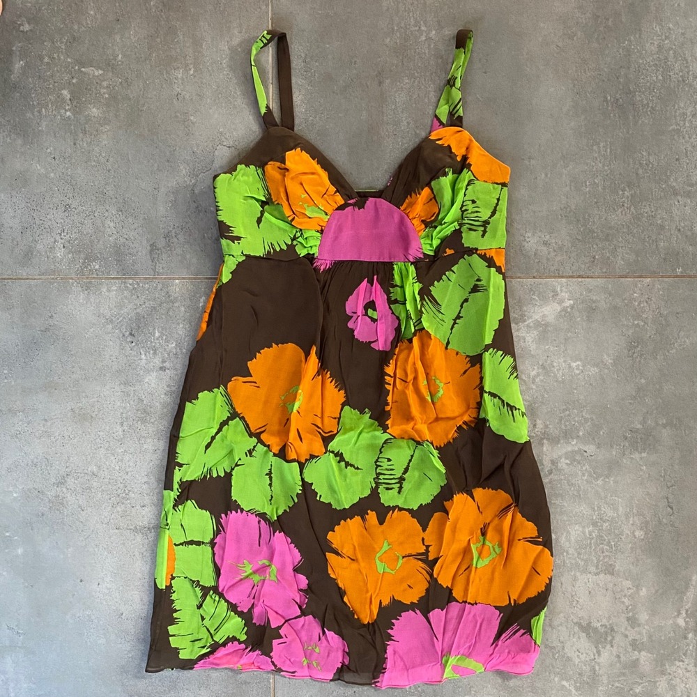 Milly Floral Silk Mini Dress Womens 6 Brown Green Orange Pink Excellent Retro